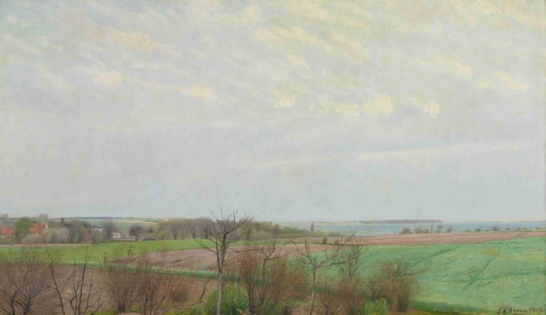 View Of Roskilde Fjord, Early Spring,早春のロスキレ・フィヨルドの眺め,L.A. Ring,L.A.リング,油絵,油絵, 人間がいない, 屋外, 景色, 木, 空, 草, 雲