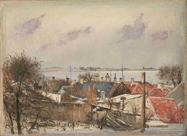 View from Roskilde towards the Fiord,ロスキレからフィヨルド方面を望む,L.A. Ring,L.A.リング,油絵,油絵, 人間がいない, 従来のメディア, 景色, 木, 屋外, 空