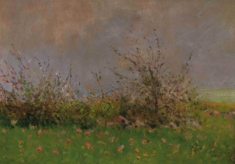 A Flower Meadow,Ladislav Mednyánszky,Oil Painting,Oil Painting, no humans, outdoors, grass, tree, scenery