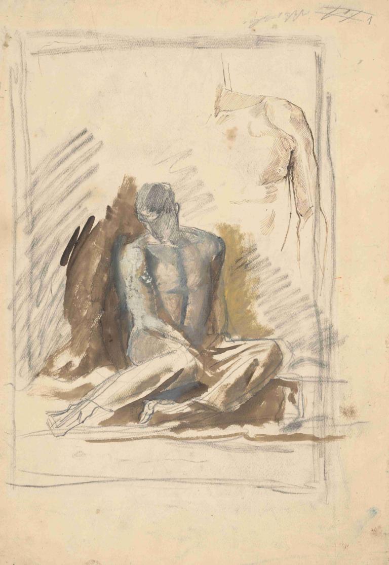 A study of a seated figure of a man,Ladislav Mednyánszky,Color Sketch,Color Sketch, 1boy, sitting, male focus