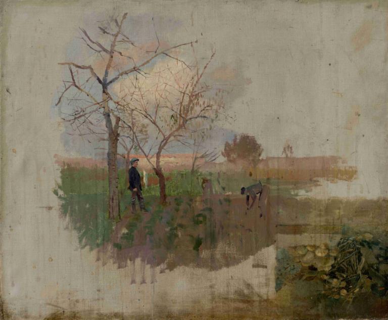 Autumn in an Orchard,Herfst in een boomgaard,Ladislav Mednyánszky,Olieverf,Olieverf, boom, buitenshuis, gras