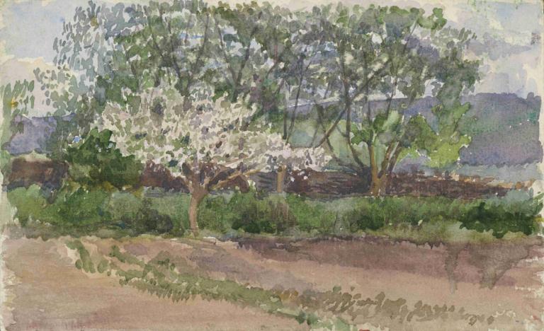 Blooming Tree,Ladislav Mednyánszky,Oil Painting,Oil Painting, no humans, outdoors, tree, scenery, grass