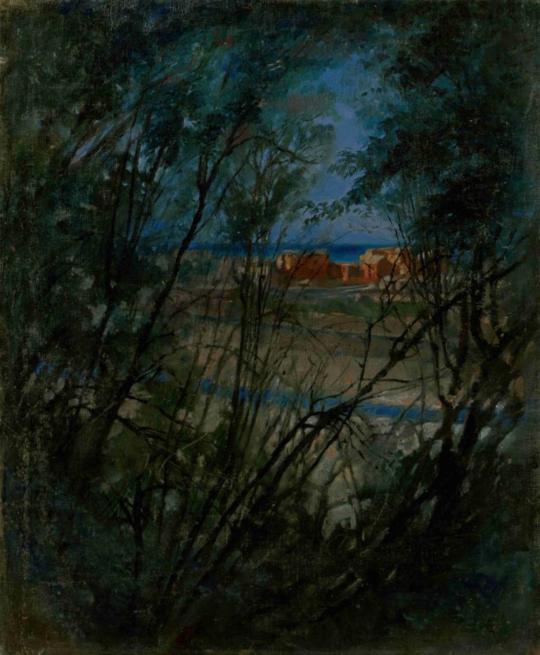 Blue Landscape,Blått landskap,Ladislav Mednyánszky,Oljemaleri,Oljemaleri, ingen mennesker, natur, tre