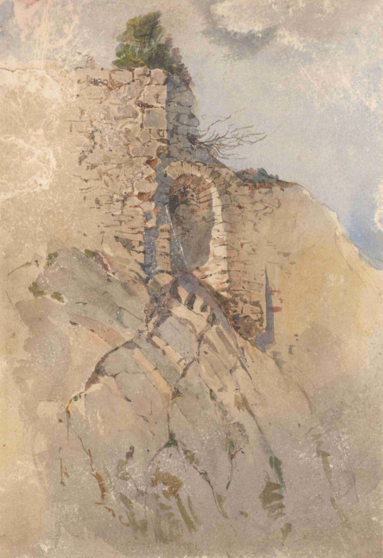 Castle ruins,Kasteelruïnes,Ladislav Mednyánszky,Olieverf,Olieverf, geen mensen, buitenshuis, solo, boom