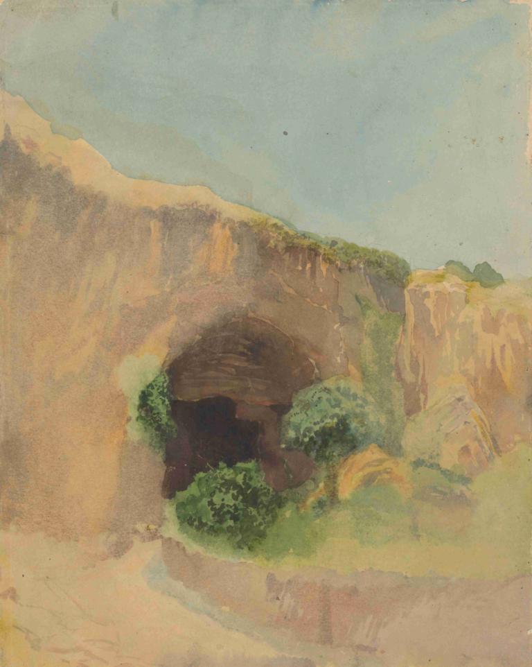 Cave,Ladislav Mednyánszky,Oil Painting,Oil Painting, outdoors, scenery, sky, no humans, day, tree, cliff