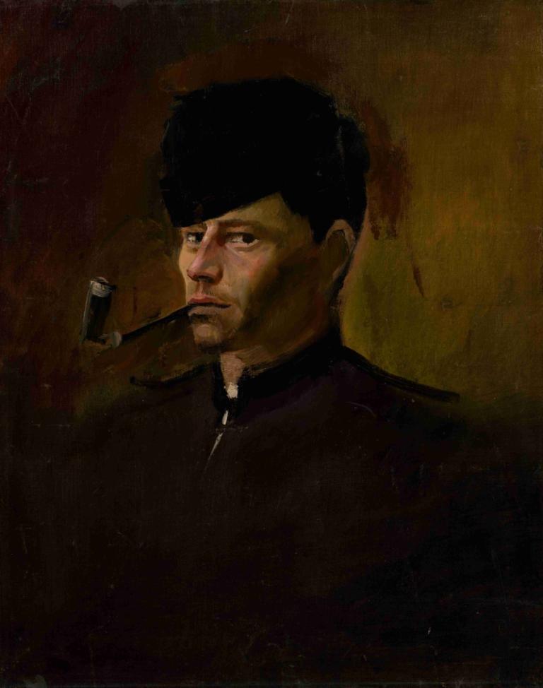 Dandy in Fur Cap with Pipe,Ladislav Mednyánszky,Oil Painting,Oil Painting, 1boy, solo, male focus, black hair