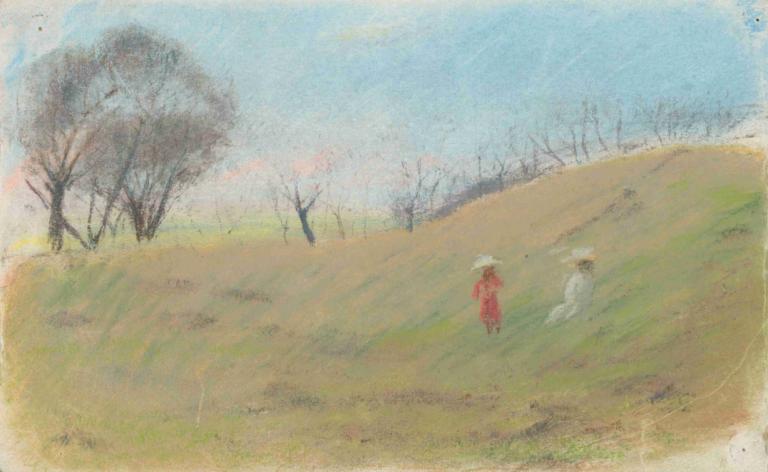 Deti na lúke,Kinder auf der Wiese,Ladislav Mednyánszky,Ölgemälde,Ölgemälde, Baum, draußen, Hut, Gras, Himmel