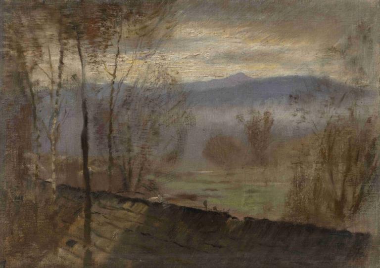 Early Evening Landscape with a River,Tidlig kveldslandskap med en elv,Ladislav Mednyánszky,Oljemaleri