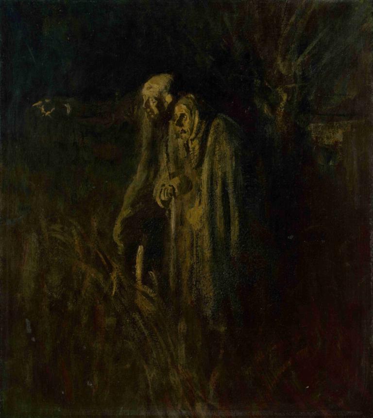 End of Life. Elderly Couple at Night,Ladislav Mednyánszky,Oil Painting,Oil Painting, solo, robe