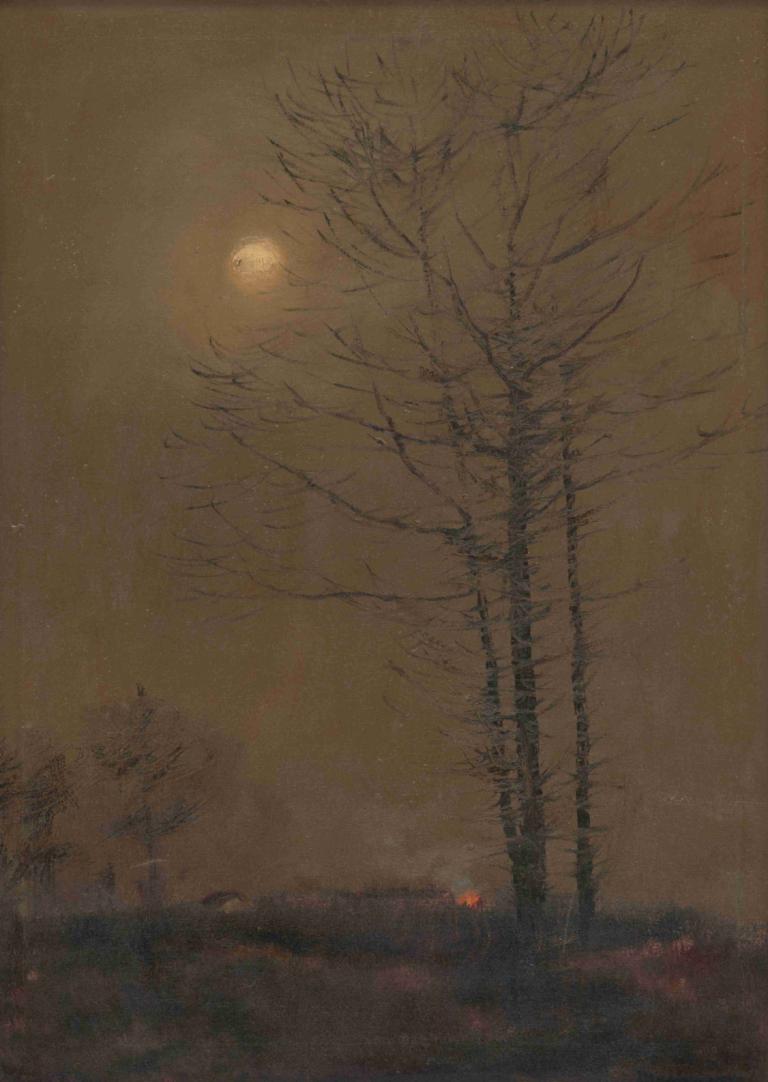 Evening landscape,Ladislav Mednyánszky,Oil Painting,Oil Painting, moon, no humans, tree, scenery, outdoors