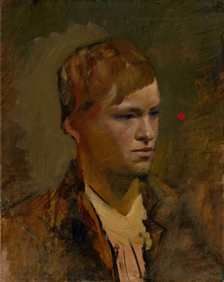 Fair-Headed Boy with Red Point in the Background,Ladislav Mednyánszky,Oil Painting,Oil Painting, solo, 1boy