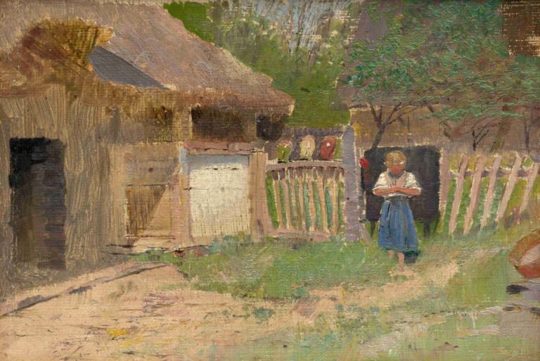 Girl in a Farmyard,Mädchen in einem Bauernhof,Ladislav Mednyánszky,Ölgemälde,Ölgemälde, Alice Margatroid