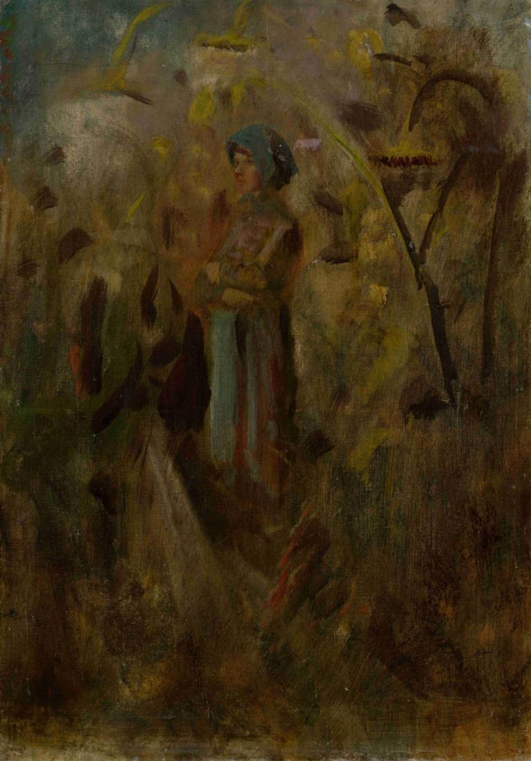 Girl on a Field,Ladislav Mednyánszky,Oil Painting,Oil Painting, solo, 1girl, short hair, standing