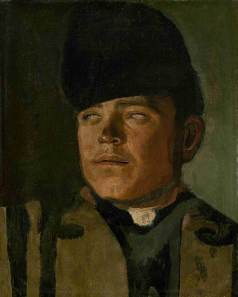 Groom in a Fur Cap,Ladislav Mednyánszky,Oil Painting,Oil Painting, 1boy, male focus, solo, realistic, hat