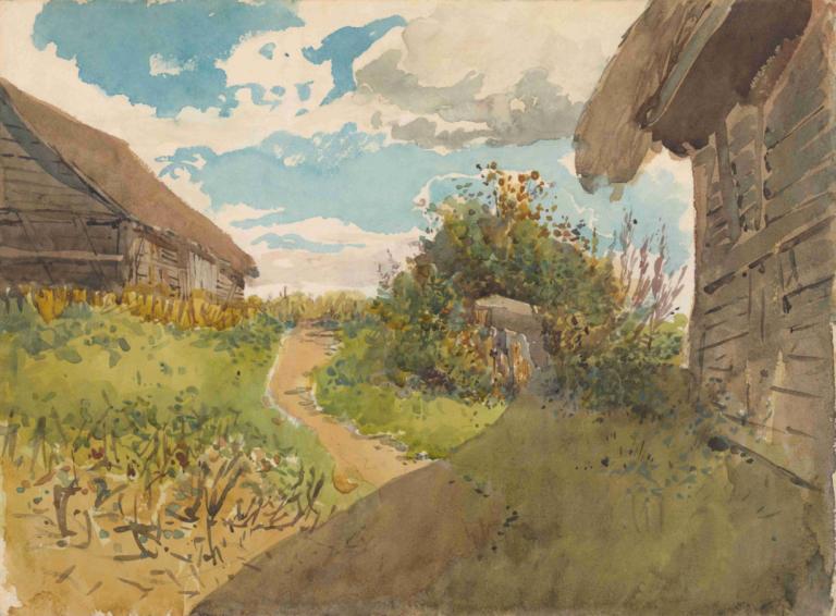 Landscape betwen Haylofts,Landschaft zwischen Heuböden,Ladislav Mednyánszky,Ölgemälde,Ölgemälde, draußen