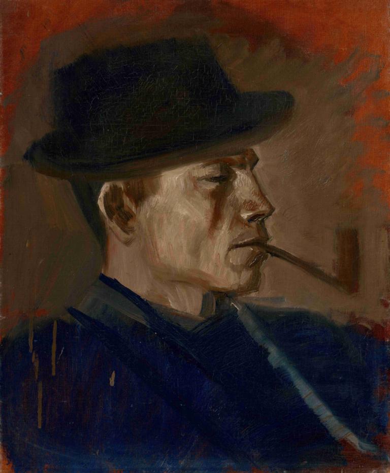 Man in Blue Smoking,Rökande man i blått,Ladislav Mednyánszky,Oljemålning,Oljemålning, 1 pojke, solo