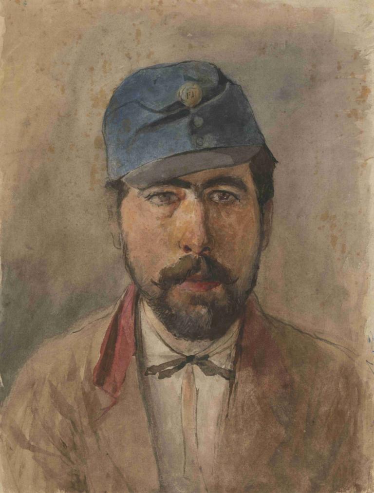 Portrait of a soldier in a blue cap,Porträtt av en soldat med blå mössa,Ladislav Mednyánszky,Oljemålning