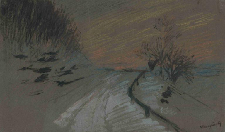 Road in winter,Väg på vintern,Ladislav Mednyánszky,Oljemålning,Oljemålning, träd, solo, utomhus