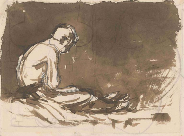 Sketch of a Man sitting Half-Naked from a Side View,Skiss av en man som sitter halvnaken från sidan