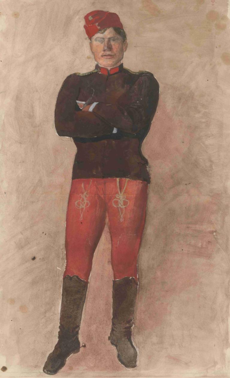 Standing soldier with folded arms,Soldat debout avec les bras croisés,Ladislav Mednyánszky,Peinture à l'huile