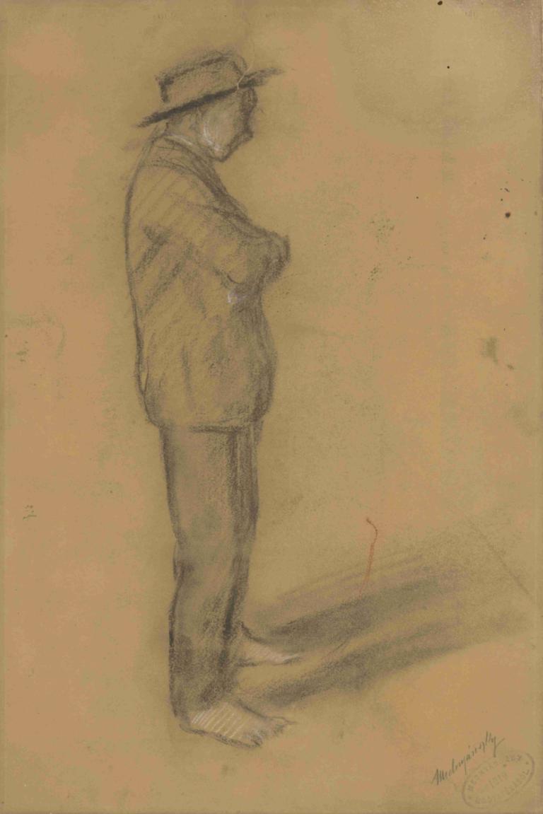 Study of a Standing Man in a Hat,Ladislav Mednyánszky,Sketch,Sketch, 1boy, male focus, solo, hat, barefoot