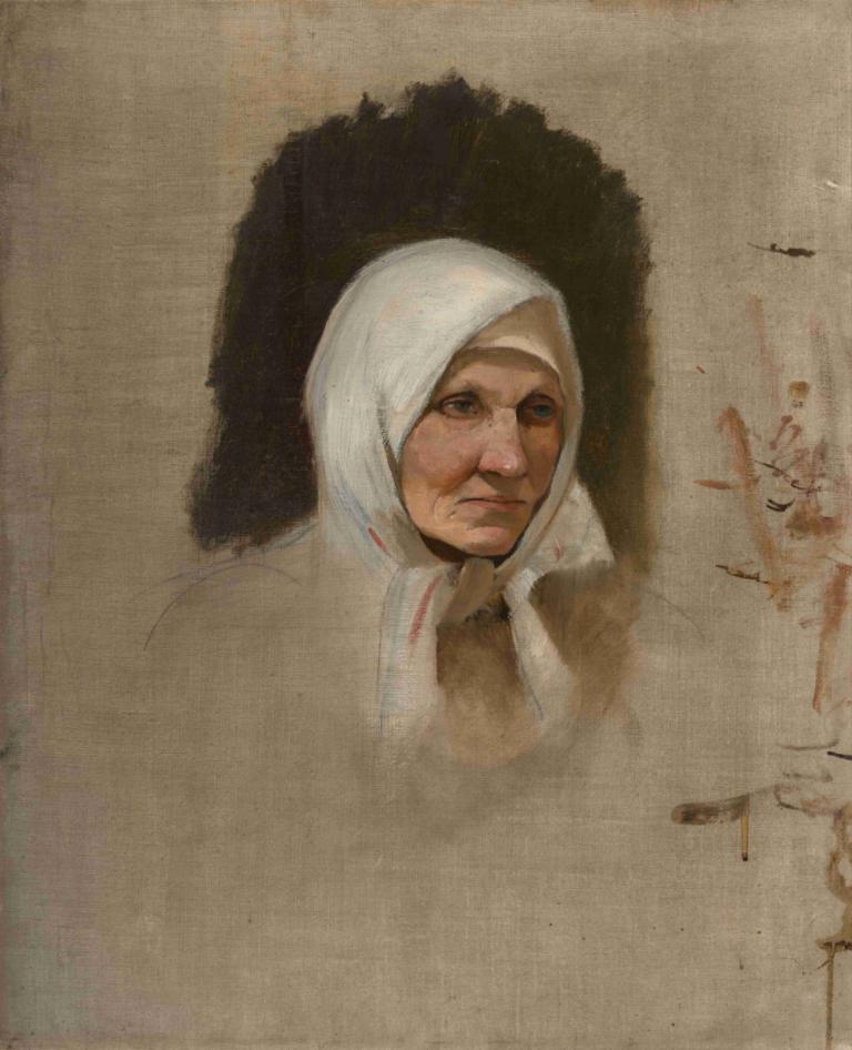 Village Woman in a White Scarf,Bykvinna i vit scarf,Ladislav Mednyánszky,Oljemålning,Oljemålning, solo, huva