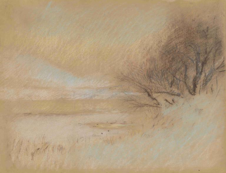 Winter landscape with river,Vinterlandskap med flod,Ladislav Mednyánszky,Oljemålning,Oljemålning, träd