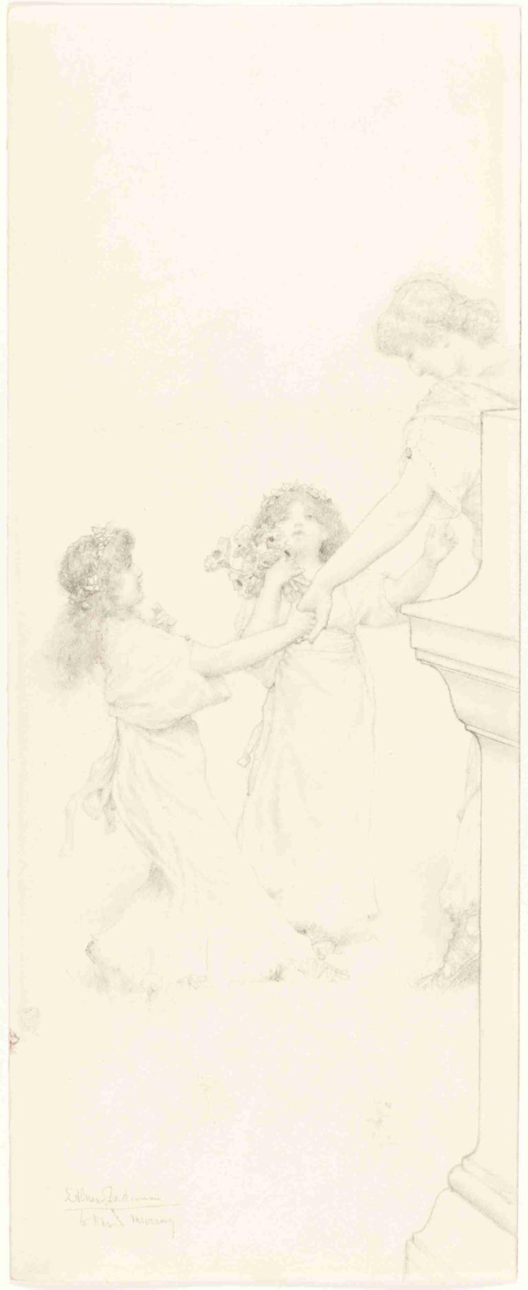 A Dance in Spring,Tarian di Musim Semi,Lawrence Alma-Tadema,Sketsa,Sketsa, satu warna, gaun