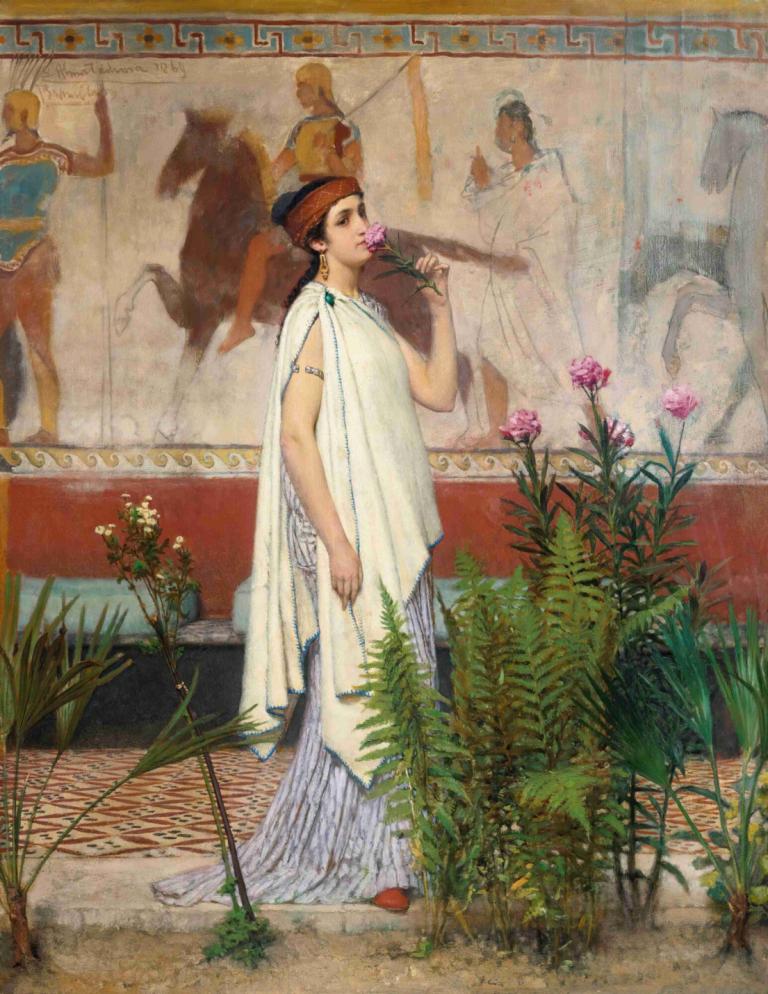 A Greek Woman,一个希腊女人,Lawrence Alma-Tadema,劳伦斯-阿尔马-塔德马,油画,油画, 花, 拿着花, 保持, 植物, 珠宝, 1个女孩, 粉红色的花, 常设, 红色鞋类, 裙子