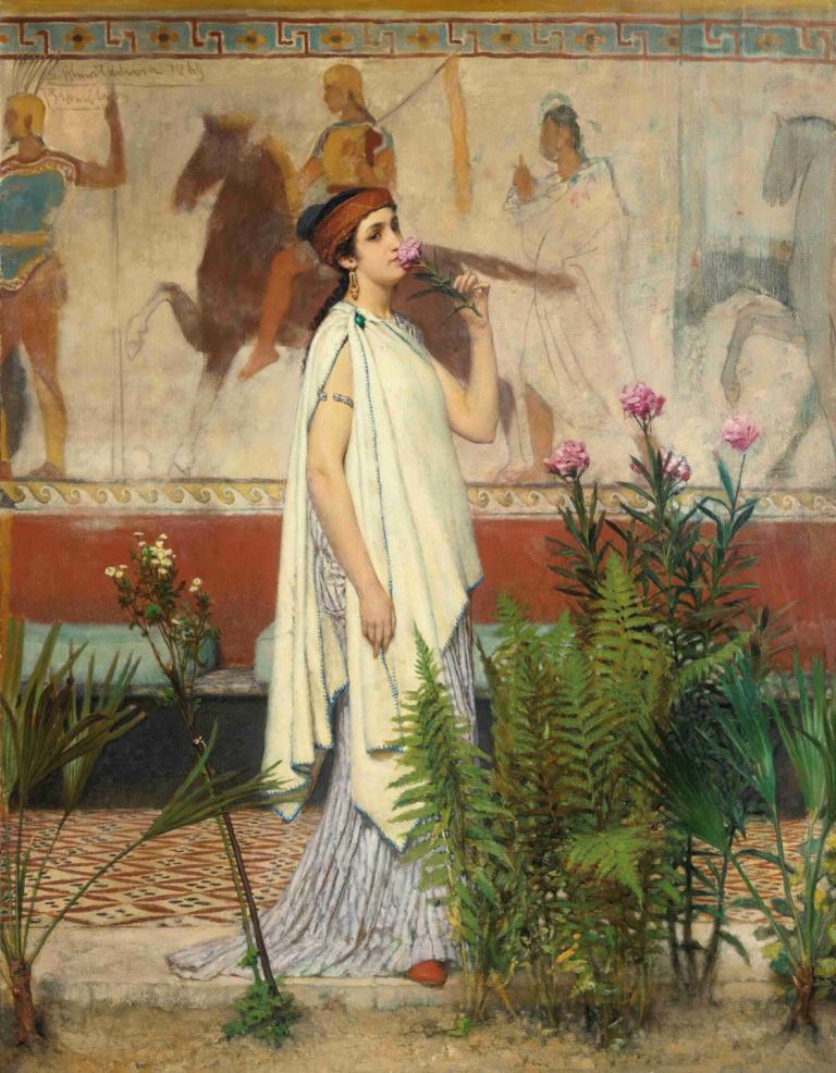 A Greek Woman,Lawrence Alma-Tadema,Oil Painting,Oil Painting, flower, 1girl, holding flower, holding, jewelry