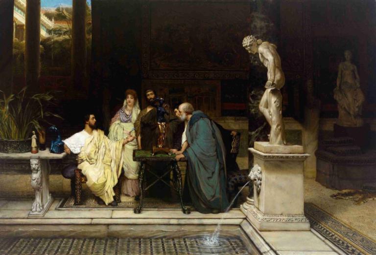 An Art Lover,En kunstelsker,Lawrence Alma-Tadema,Oliemaleri,Oliemaleri, kunstparodi, flere drenge, statue