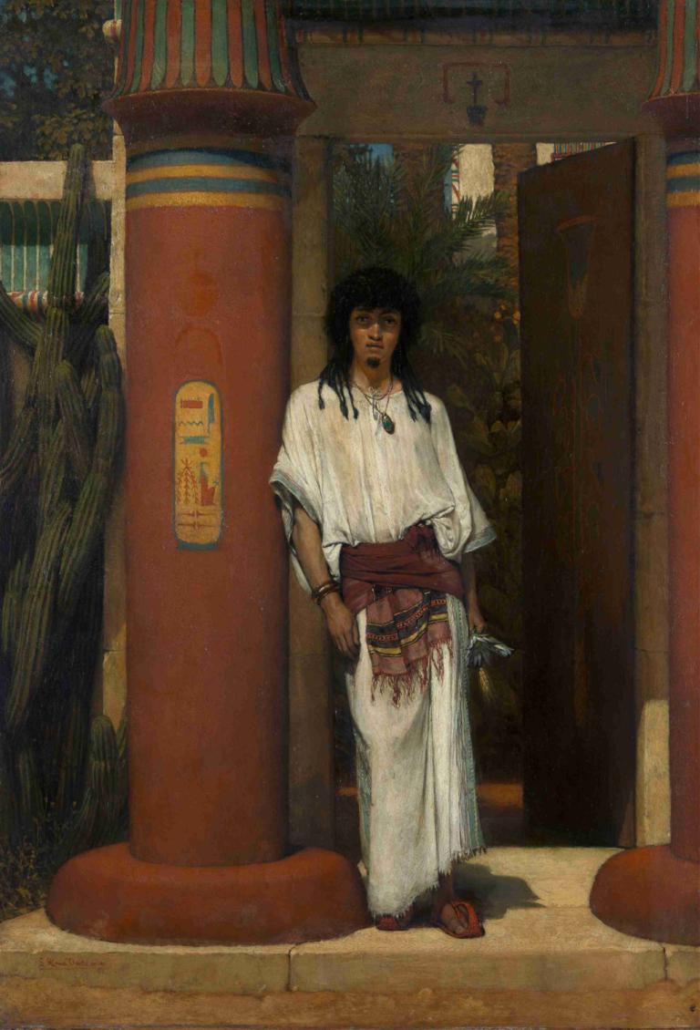 An Egyptian in a Doorway,门口的埃及人,Lawrence Alma-Tadema,劳伦斯-阿尔马-塔德马,油画,油画, 1男孩, 独奏, 男性焦点, 黑发, 珠宝, 保持, 项链, 常设, 户外