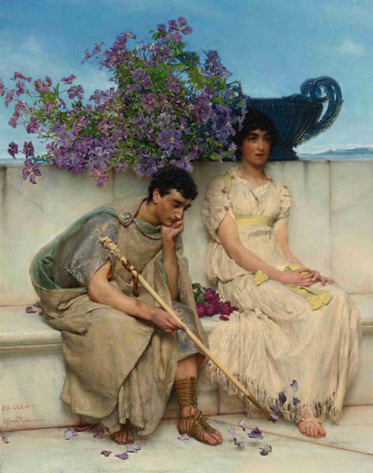 An Eloquent Silence,En veltalende Stilhed,Lawrence Alma-Tadema,Oliemaleri,Oliemaleri, 1 dreng, 1 pige, blomst