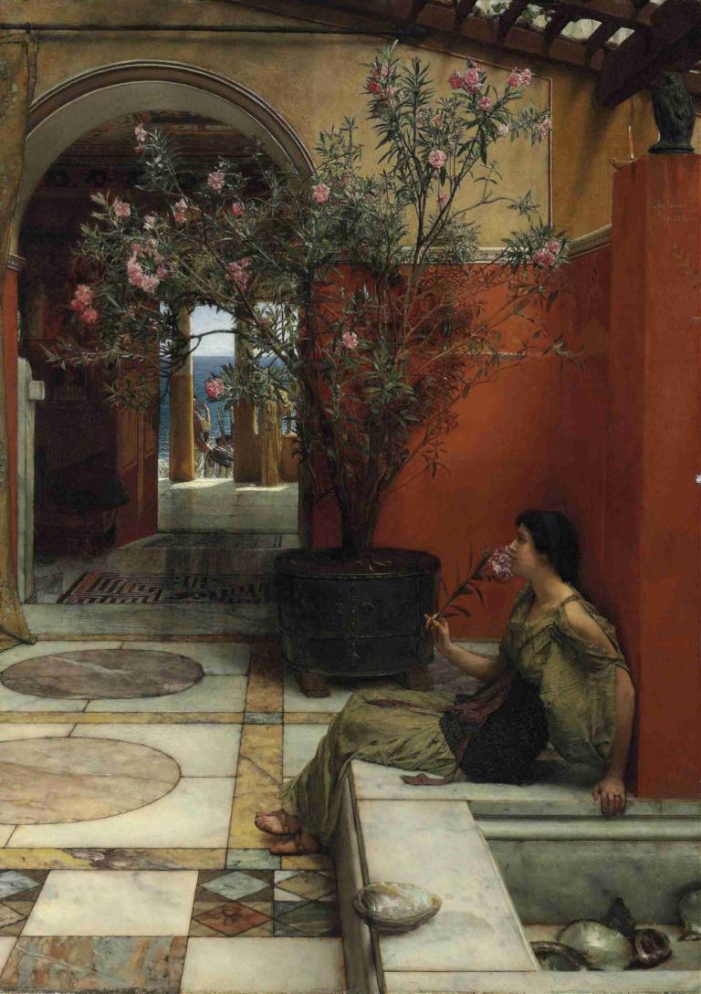 An Oleander,Lawrence Alma-Tadema,Oil Painting,Oil Painting, flower, 1boy, black hair, sitting, male focus