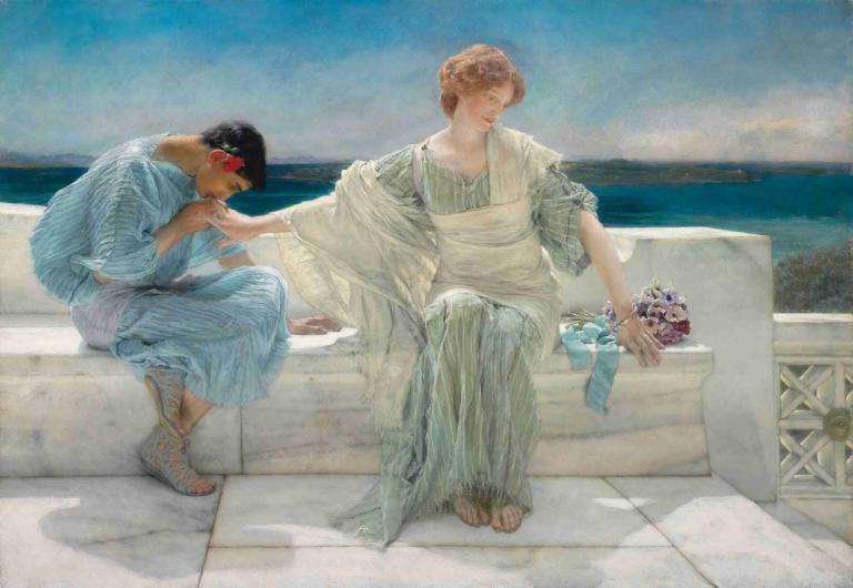 Ask me no more,Lawrence Alma-Tadema,Oil Painting,Oil Painting, fine art parody, sitting, black hair, sandals