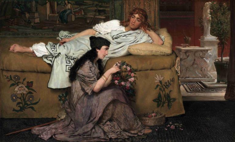 Glaucus and Nydia,Lawrence Alma-Tadema,Oil Painting,Oil Painting, flower, 2girls, multiple girls