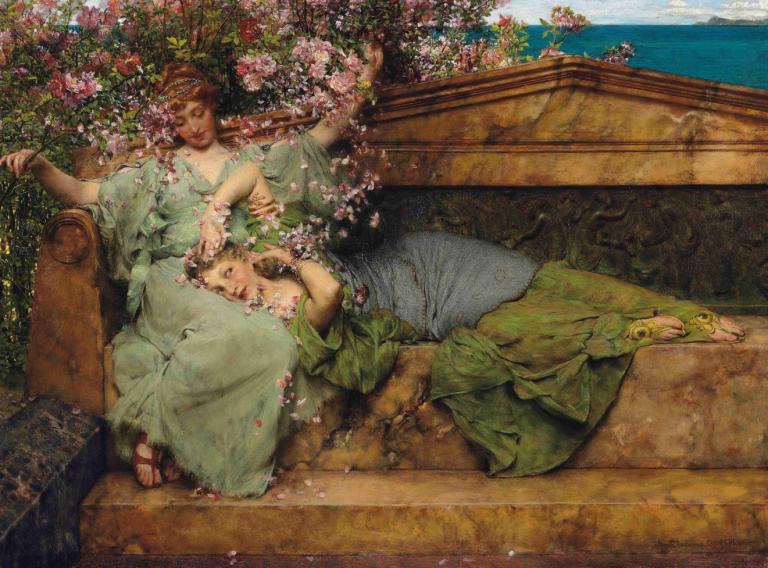 In A Rose Garden,I en rosehage,Lawrence Alma-Tadema,Oljemaleri,Oljemaleri, kunstparodi, kjole, flere jenter