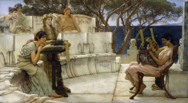 Sappho and Alcaeus,Sappho en Alcaeus,Lawrence Alma-Tadema,Olieverf,Olieverf, parodie op beeldende kunst