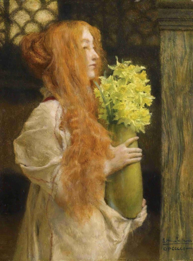 Spring Flowers,Flores de primavera,Lawrence Alma-Tadema,Pintura al óleo,Pintura al óleo, 1 chica, solo, flor