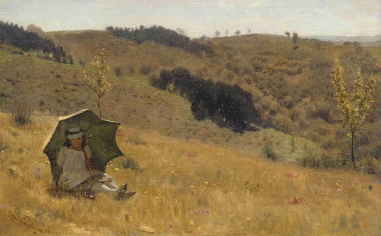 Sunny Days,Lawrence Alma-Tadema,Oil Painting,Oil Painting, outdoors, hat, field, flower, sitting, scenery