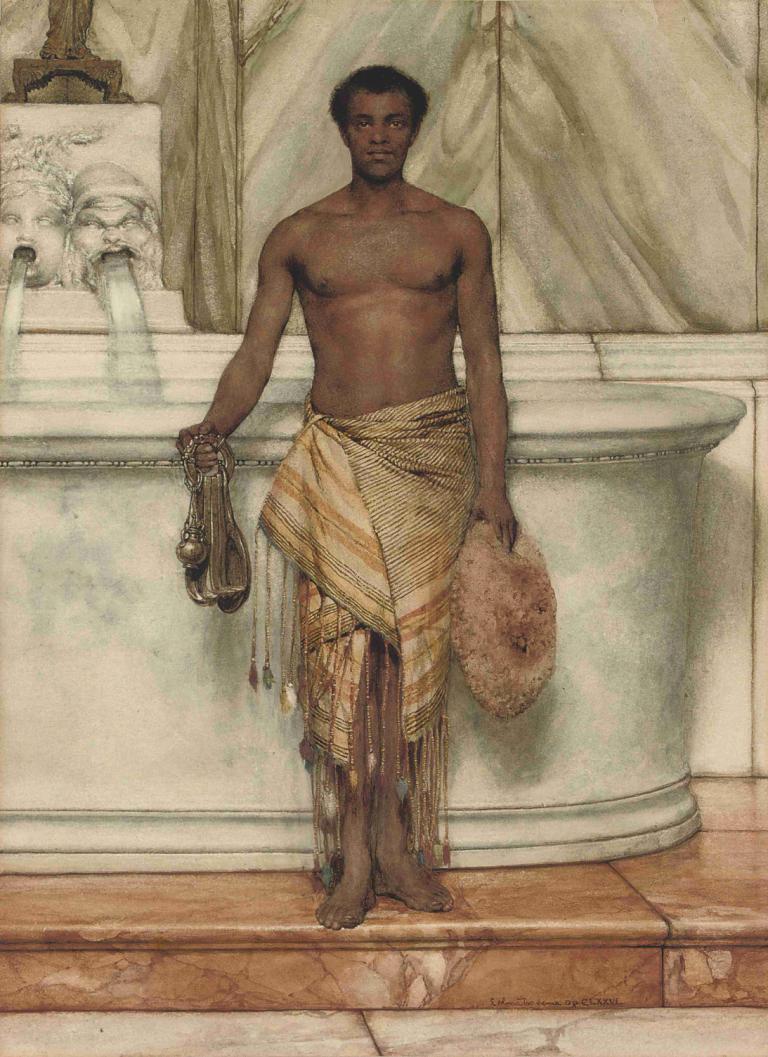 The Balneator,Lawrence Alma-Tadema,Oil Painting,Oil Painting, 1boy, male focus, solo, dark skin, hat