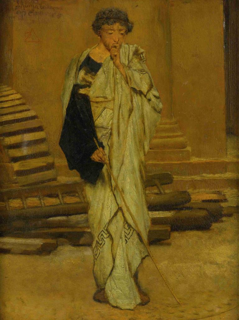 The Roman Architect,Lawrence Alma-Tadema,Oil Painting,Oil Painting, 1boy, solo, male focus, robe, holding