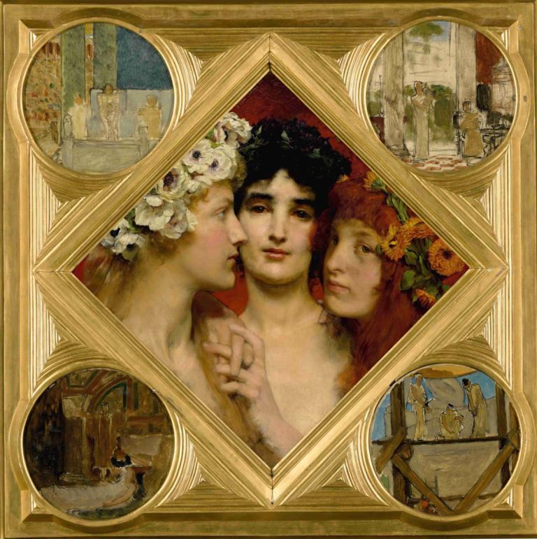 The three graces,Lawrence Alma-Tadema,Oil Painting,Oil Painting, fine art parody, flower, multiple girls