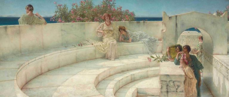 Under The Roof Of Blue Ionian Weather,Lawrence Alma-Tadema,Oil Painting,Oil Painting, multiple boys, flower