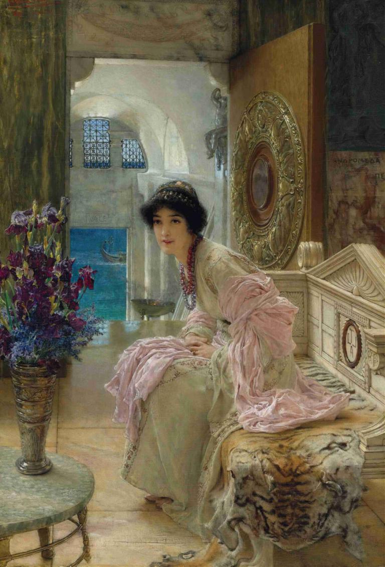 Watching And Waiting,Lawrence Alma-Tadema,Oil Painting,Oil Painting, 1girl, solo, black hair, dress