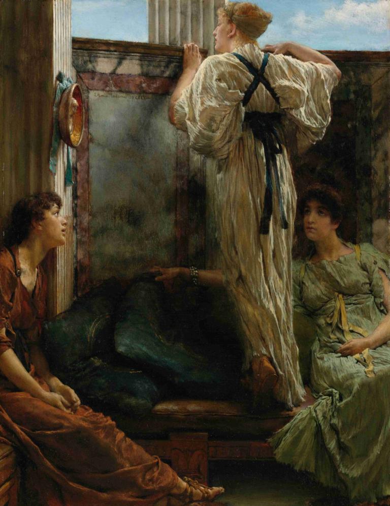 Who Is It,Lawrence Alma-Tadema,Oil Painting,Oil Painting, fine art parody, sitting, parody, multiple boys