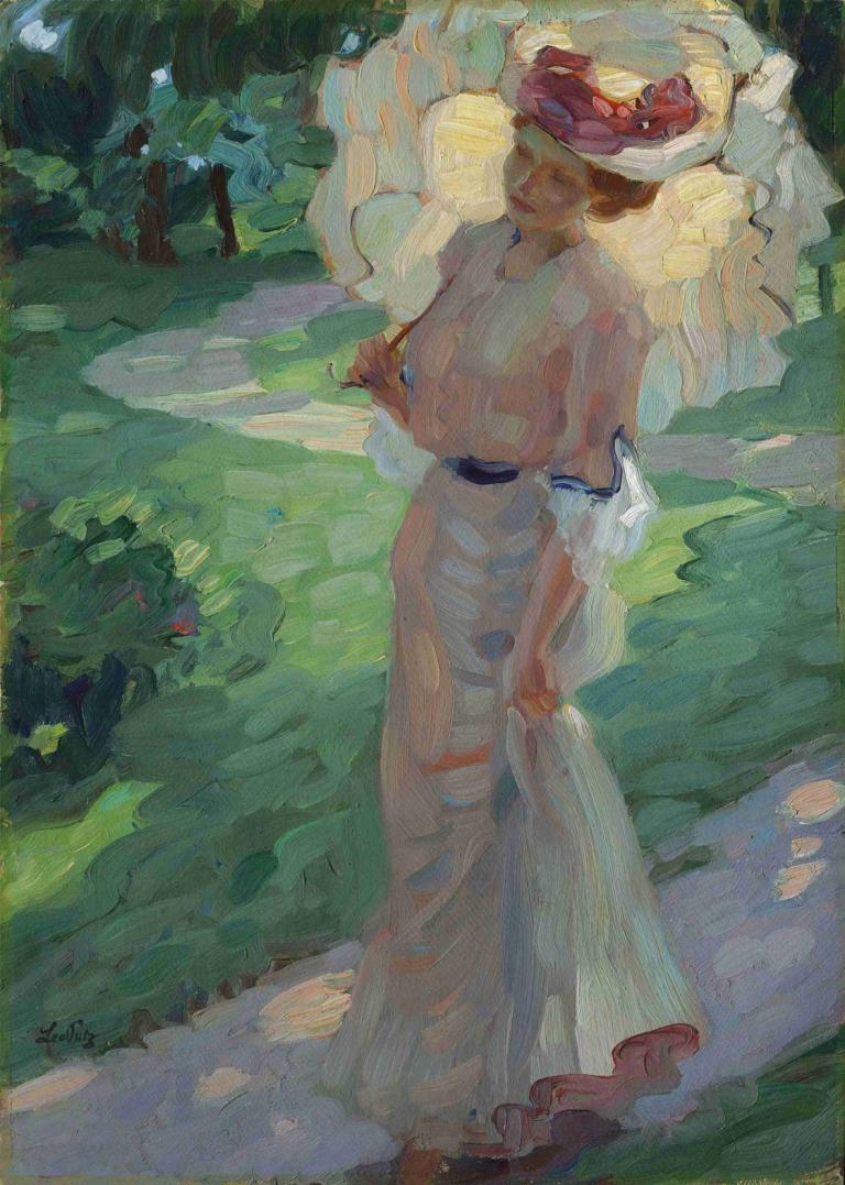 A summer day in the Park,Leo Putz,Oil Painting,Oil Painting, 1girl, dress, solo, white dress, hat, outdoors