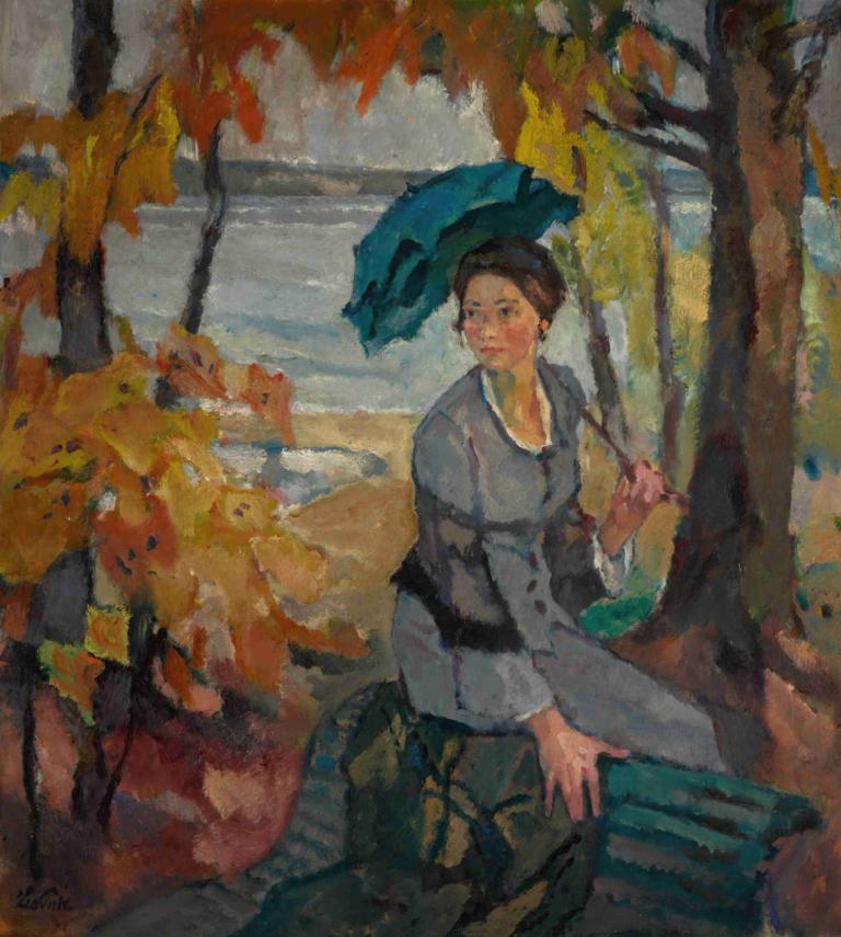 Anticipation,Leo Putz,Oil Painting,Oil Painting, solo, 1boy, male focus, tree, umbrella, outdoors, holding