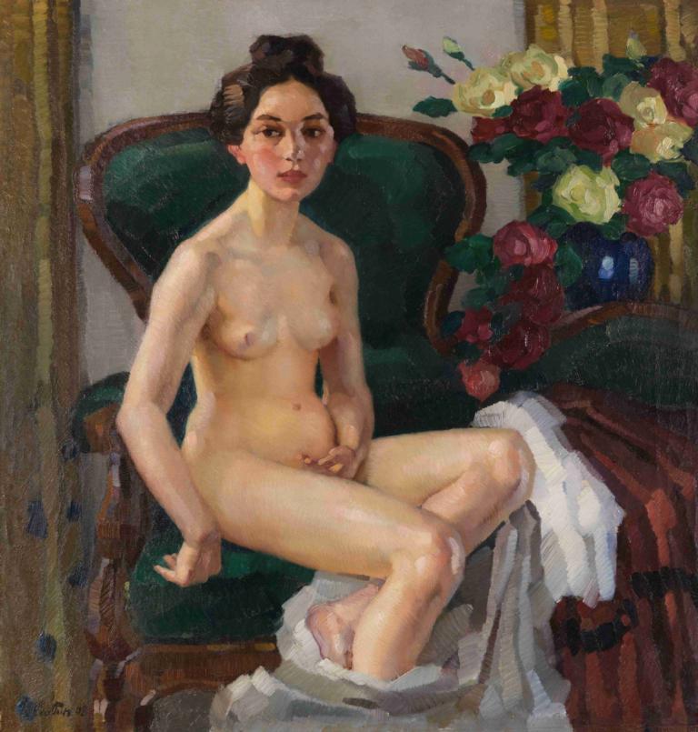 Auf dem Sofa II (Gusti),Sohvalla II (Gusti),Leo Putz,Öljymaalaus,Öljymaalaus, 1 tyttö, yksin, nännit