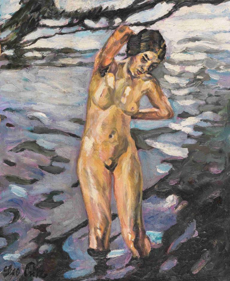 Badende, stehender weiblicher Akt,Leo Putz,Oil Painting,Oil Painting, 1girl, solo, nude, nipples, breasts